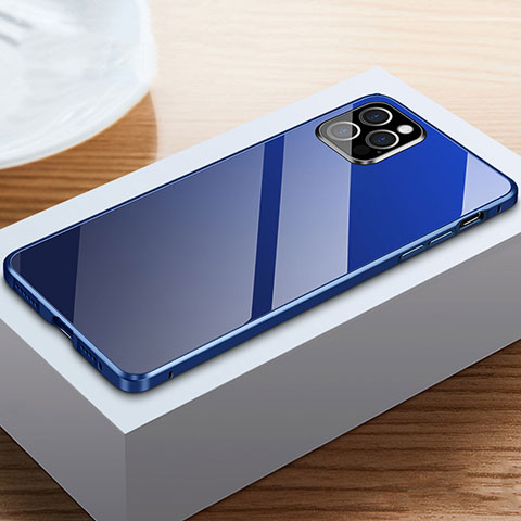 Handyhülle Hülle Luxus Aluminium Metall Rahmen Spiegel 360 Grad Ganzkörper Tasche T03 für Apple iPhone 12 Pro Blau