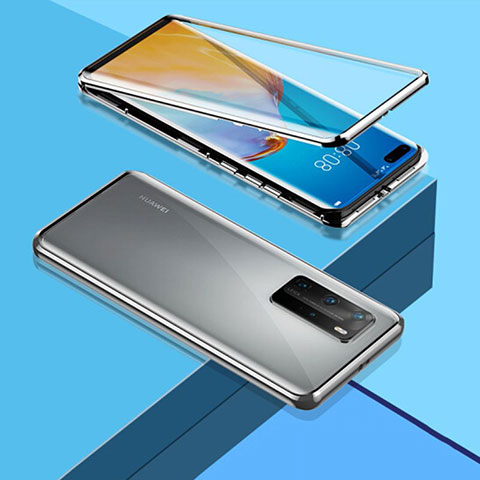 Handyhülle Hülle Luxus Aluminium Metall Rahmen Spiegel 360 Grad Ganzkörper Tasche T03 für Huawei P40 Pro Silber