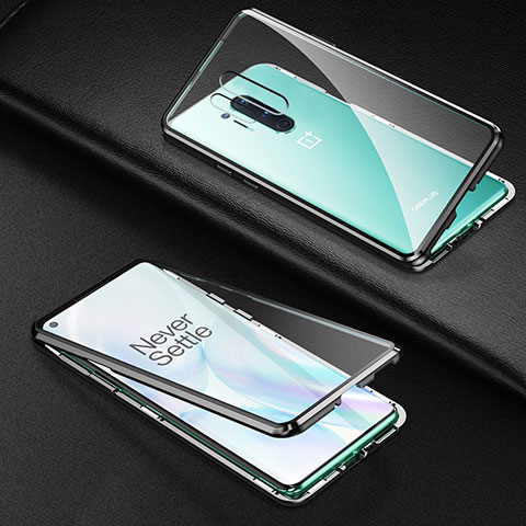 Handyhülle Hülle Luxus Aluminium Metall Rahmen Spiegel 360 Grad Ganzkörper Tasche T03 für OnePlus 8 Pro Schwarz