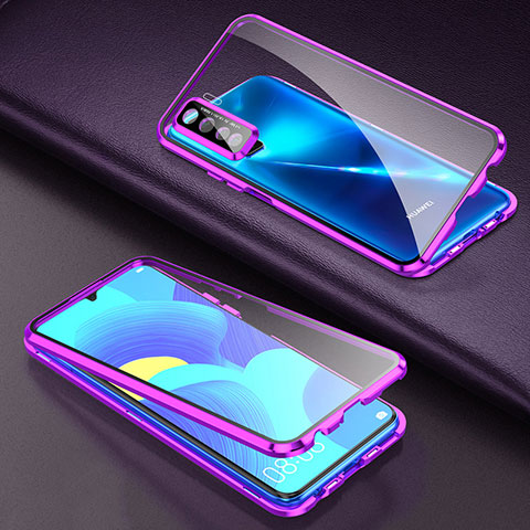 Handyhülle Hülle Luxus Aluminium Metall Rahmen Spiegel 360 Grad Ganzkörper Tasche T03 für Oppo A91 Violett