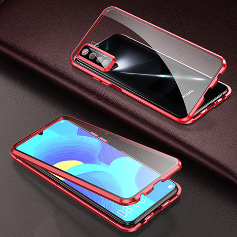 Handyhülle Hülle Luxus Aluminium Metall Rahmen Spiegel 360 Grad Ganzkörper Tasche T03 für Oppo F15 Rot