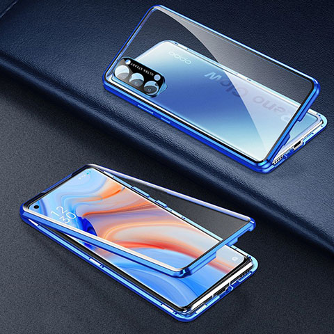 Handyhülle Hülle Luxus Aluminium Metall Rahmen Spiegel 360 Grad Ganzkörper Tasche T03 für Oppo Reno4 5G Blau