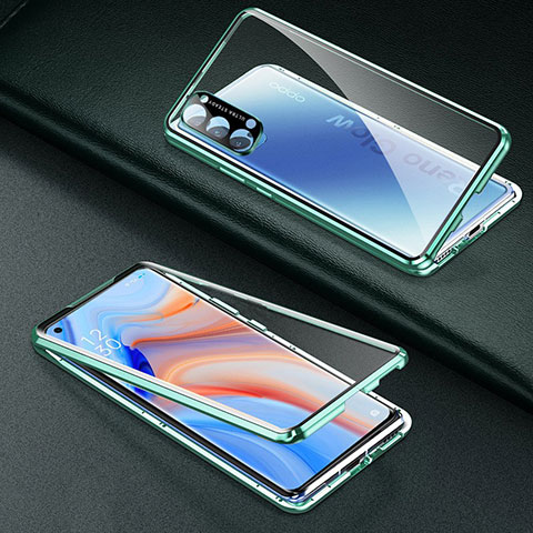 Handyhülle Hülle Luxus Aluminium Metall Rahmen Spiegel 360 Grad Ganzkörper Tasche T03 für Oppo Reno4 Pro 5G Grün