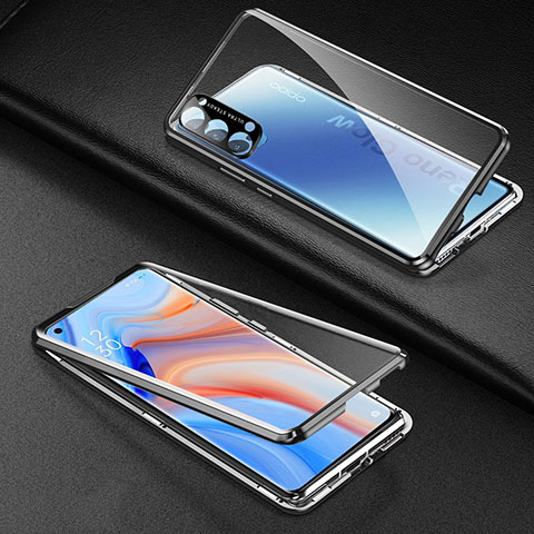 Handyhülle Hülle Luxus Aluminium Metall Rahmen Spiegel 360 Grad Ganzkörper Tasche T03 für Oppo Reno4 Pro 5G Schwarz