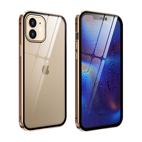 Handyhülle Hülle Luxus Aluminium Metall Rahmen Spiegel 360 Grad Ganzkörper Tasche T04 für Apple iPhone 12 Gold