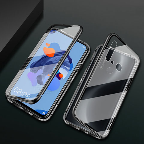 Handyhülle Hülle Luxus Aluminium Metall Rahmen Spiegel 360 Grad Ganzkörper Tasche T04 für Huawei Nova 5i Schwarz