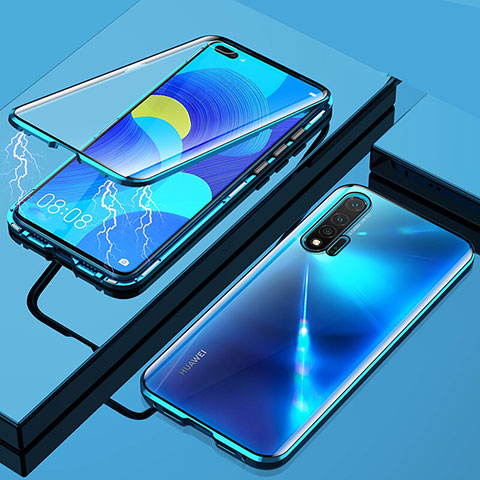 Handyhülle Hülle Luxus Aluminium Metall Rahmen Spiegel 360 Grad Ganzkörper Tasche T04 für Huawei Nova 6 5G Blau