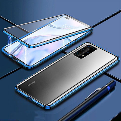 Handyhülle Hülle Luxus Aluminium Metall Rahmen Spiegel 360 Grad Ganzkörper Tasche T04 für Huawei P40 Pro+ Plus Blau