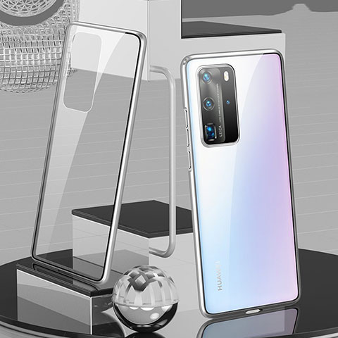 Handyhülle Hülle Luxus Aluminium Metall Rahmen Spiegel 360 Grad Ganzkörper Tasche T04 für Huawei P40 Pro Silber