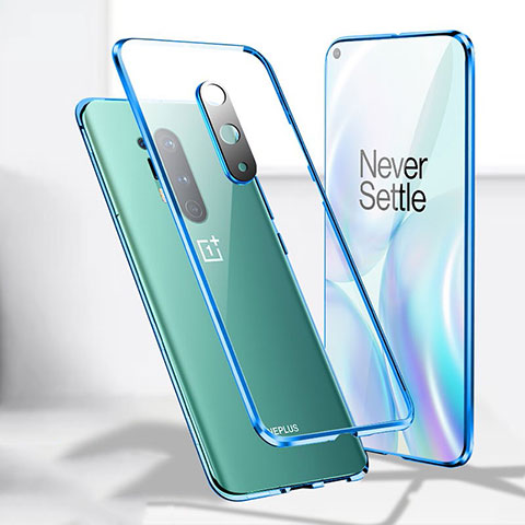 Handyhülle Hülle Luxus Aluminium Metall Rahmen Spiegel 360 Grad Ganzkörper Tasche T04 für OnePlus 8 Pro Blau