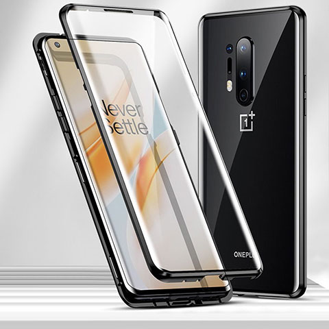 Handyhülle Hülle Luxus Aluminium Metall Rahmen Spiegel 360 Grad Ganzkörper Tasche T04 für OnePlus 8 Pro Schwarz