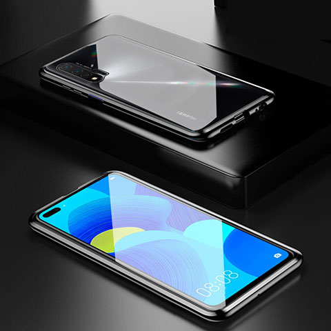 Handyhülle Hülle Luxus Aluminium Metall Rahmen Spiegel 360 Grad Ganzkörper Tasche T05 für Huawei Nova 6 5G Schwarz