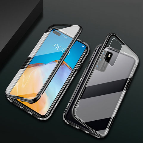 Handyhülle Hülle Luxus Aluminium Metall Rahmen Spiegel 360 Grad Ganzkörper Tasche T05 für Huawei P40 Schwarz