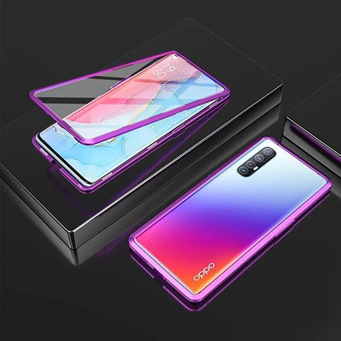 Handyhülle Hülle Luxus Aluminium Metall Rahmen Spiegel 360 Grad Ganzkörper Tasche T05 für Oppo Find X2 Neo Violett