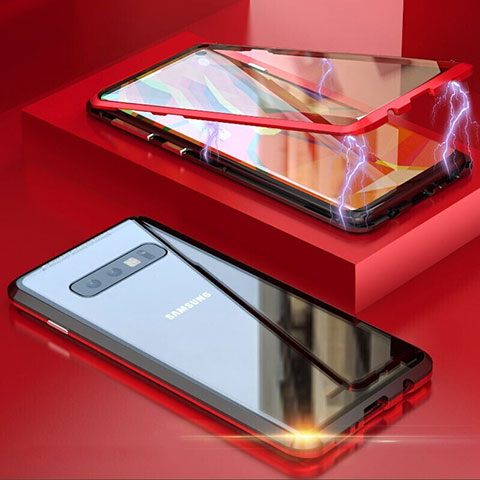 Handyhülle Hülle Luxus Aluminium Metall Rahmen Spiegel 360 Grad Ganzkörper Tasche T05 für Samsung Galaxy S10 Rot