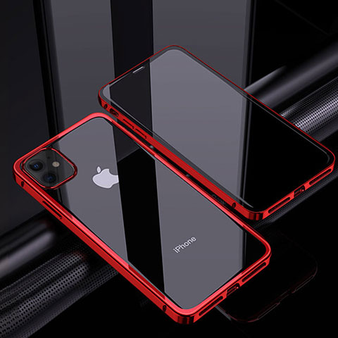 Handyhülle Hülle Luxus Aluminium Metall Rahmen Spiegel 360 Grad Ganzkörper Tasche T06 für Apple iPhone 12 Mini Rot