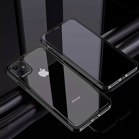 Handyhülle Hülle Luxus Aluminium Metall Rahmen Spiegel 360 Grad Ganzkörper Tasche T06 für Apple iPhone 12 Mini Schwarz