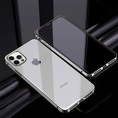 Handyhülle Hülle Luxus Aluminium Metall Rahmen Spiegel 360 Grad Ganzkörper Tasche T06 für Apple iPhone 12 Pro Silber