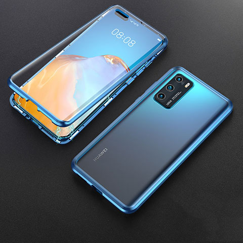 Handyhülle Hülle Luxus Aluminium Metall Rahmen Spiegel 360 Grad Ganzkörper Tasche T06 für Huawei P40 Blau