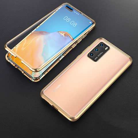 Handyhülle Hülle Luxus Aluminium Metall Rahmen Spiegel 360 Grad Ganzkörper Tasche T06 für Huawei P40 Gold