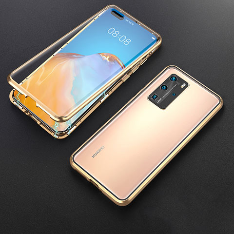 Handyhülle Hülle Luxus Aluminium Metall Rahmen Spiegel 360 Grad Ganzkörper Tasche T06 für Huawei P40 Pro Gold