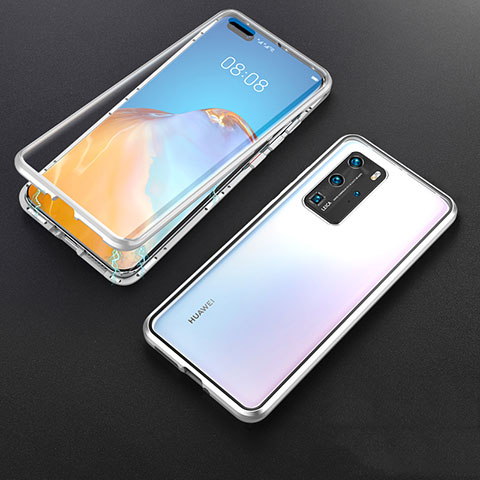 Handyhülle Hülle Luxus Aluminium Metall Rahmen Spiegel 360 Grad Ganzkörper Tasche T06 für Huawei P40 Pro Silber