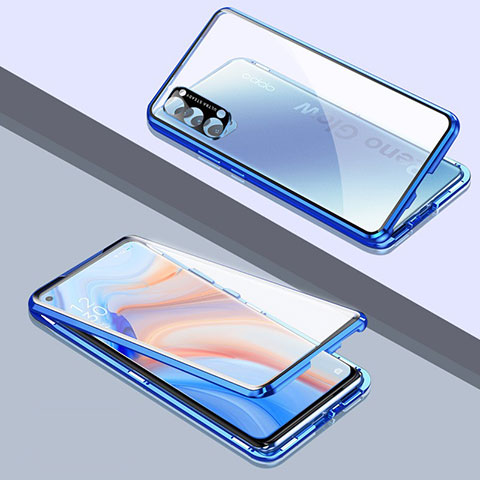 Handyhülle Hülle Luxus Aluminium Metall Rahmen Spiegel 360 Grad Ganzkörper Tasche T06 für Oppo Reno4 Pro 5G Blau