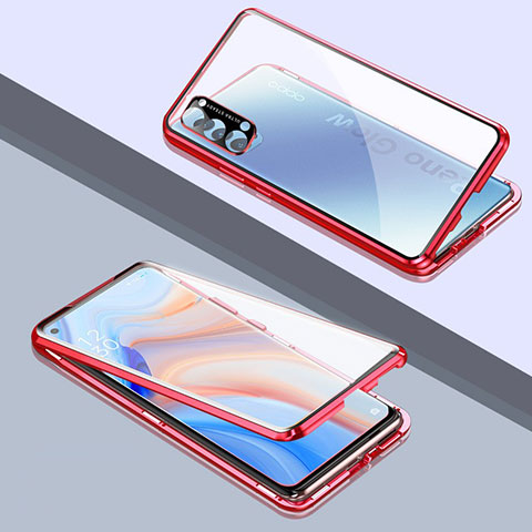 Handyhülle Hülle Luxus Aluminium Metall Rahmen Spiegel 360 Grad Ganzkörper Tasche T06 für Oppo Reno4 Pro 5G Rot