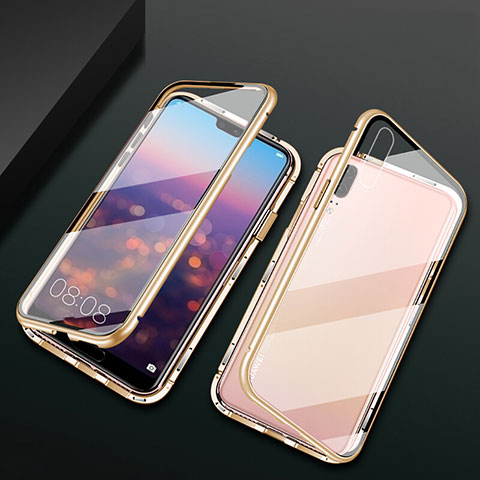 Handyhülle Hülle Luxus Aluminium Metall Rahmen Spiegel 360 Grad Ganzkörper Tasche T07 für Huawei P20 Gold