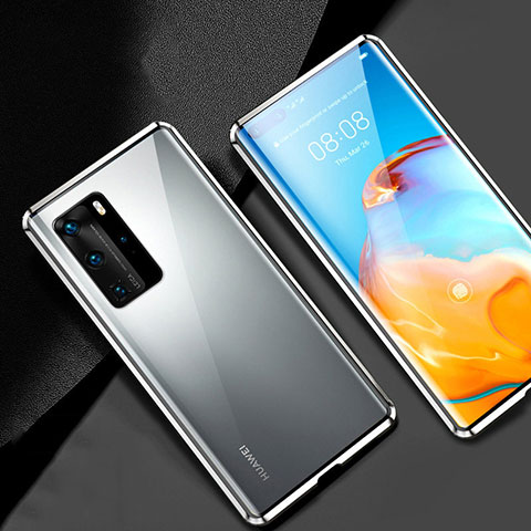 Handyhülle Hülle Luxus Aluminium Metall Rahmen Spiegel 360 Grad Ganzkörper Tasche T07 für Huawei P40 Pro Silber