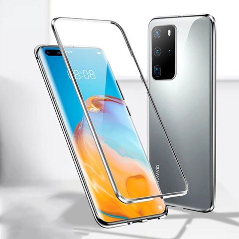 Handyhülle Hülle Luxus Aluminium Metall Rahmen Spiegel 360 Grad Ganzkörper Tasche T08 für Huawei P40 Pro Silber