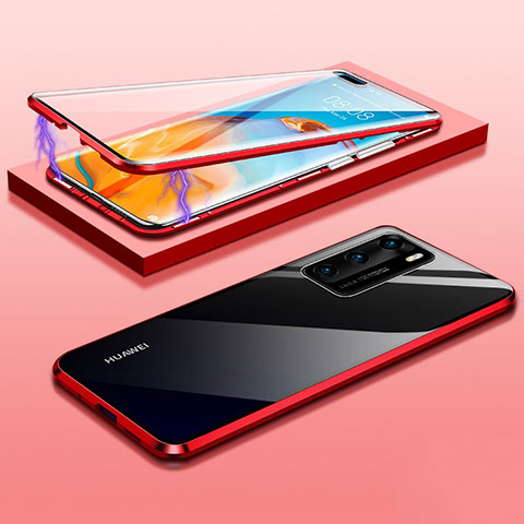 Handyhülle Hülle Luxus Aluminium Metall Rahmen Spiegel 360 Grad Ganzkörper Tasche T08 für Huawei P40 Rot