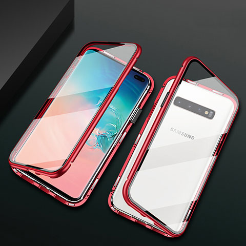 Handyhülle Hülle Luxus Aluminium Metall Rahmen Spiegel 360 Grad Ganzkörper Tasche T08 für Samsung Galaxy S10 Plus Rot