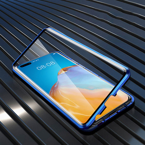 Handyhülle Hülle Luxus Aluminium Metall Rahmen Spiegel 360 Grad Ganzkörper Tasche T11 für Huawei P40 Pro Blau