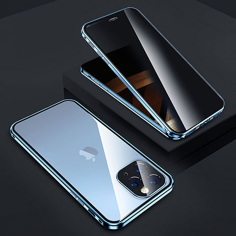 Handyhülle Hülle Luxus Aluminium Metall Rahmen Spiegel 360 Grad Ganzkörper Tasche Z05 für Apple iPhone 14 Pro Blau