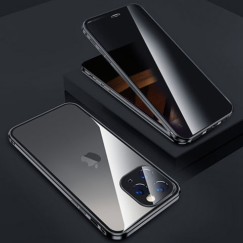 Handyhülle Hülle Luxus Aluminium Metall Rahmen Spiegel 360 Grad Ganzkörper Tasche Z05 für Apple iPhone 14 Pro Max Schwarz
