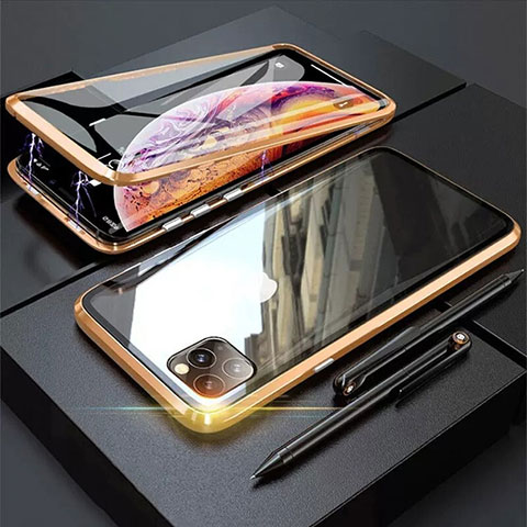 Handyhülle Hülle Luxus Aluminium Metall Rahmen Spiegel 360 Grad Tasche M01 für Apple iPhone 11 Pro Gold