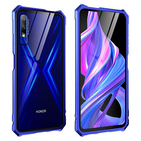 Handyhülle Hülle Luxus Aluminium Metall Rahmen Spiegel 360 Grad Tasche M01 für Huawei Honor 9X Blau