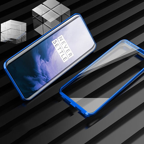 Handyhülle Hülle Luxus Aluminium Metall Rahmen Spiegel 360 Grad Tasche M01 für OnePlus 7T Pro Blau