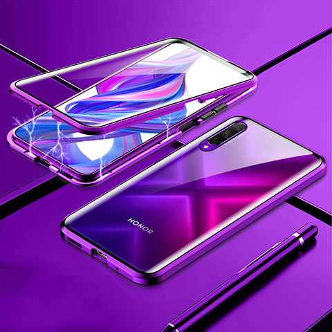 Handyhülle Hülle Luxus Aluminium Metall Rahmen Spiegel 360 Grad Tasche M02 für Huawei P Smart Pro (2019) Violett