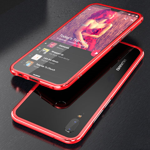 Handyhülle Hülle Luxus Aluminium Metall Rahmen Spiegel 360 Grad Tasche M02 für Huawei P20 Lite Rot