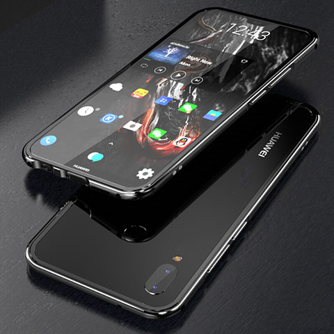 Handyhülle Hülle Luxus Aluminium Metall Rahmen Spiegel 360 Grad Tasche M02 für Huawei P20 Lite Schwarz