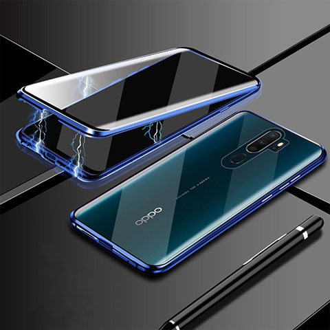 Handyhülle Hülle Luxus Aluminium Metall Rahmen Spiegel 360 Grad Tasche M02 für Oppo A5 (2020) Blau