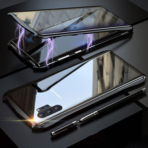 Handyhülle Hülle Luxus Aluminium Metall Rahmen Spiegel 360 Grad Tasche M02 für Samsung Galaxy Note 10 Plus 5G Schwarz