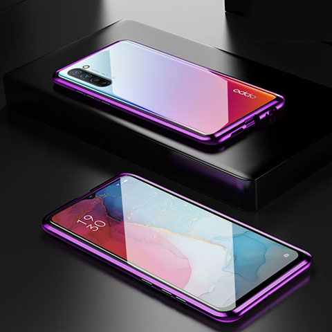 Handyhülle Hülle Luxus Aluminium Metall Rahmen Spiegel 360 Grad Tasche M03 für Oppo Find X2 Lite Violett