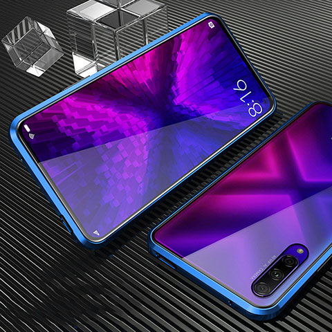 Handyhülle Hülle Luxus Aluminium Metall Rahmen Spiegel 360 Grad Tasche M04 für Huawei P Smart Pro (2019) Blau