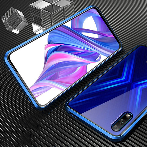 Handyhülle Hülle Luxus Aluminium Metall Rahmen Spiegel 360 Grad Tasche M04 für Huawei P Smart Z (2019) Blau