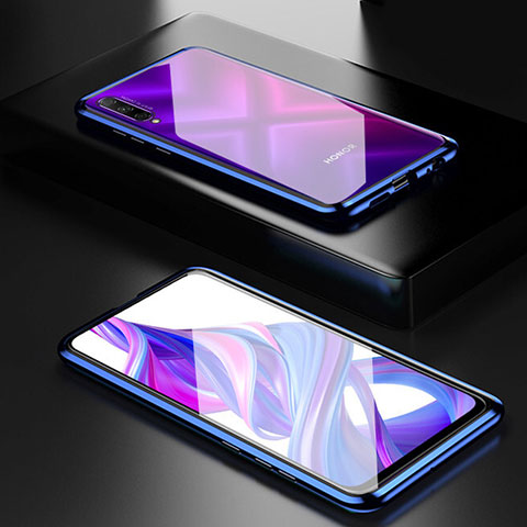 Handyhülle Hülle Luxus Aluminium Metall Rahmen Spiegel 360 Grad Tasche M05 für Huawei P Smart Pro (2019) Blau
