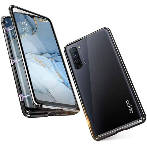 Handyhülle Hülle Luxus Aluminium Metall Rahmen Spiegel 360 Grad Tasche M05 für Oppo F15 Schwarz