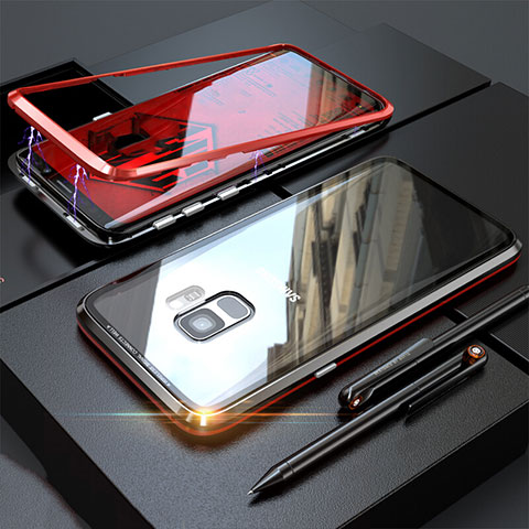 Handyhülle Hülle Luxus Aluminium Metall Rahmen Spiegel 360 Grad Tasche M05 für Samsung Galaxy S9 Rot und Schwarz